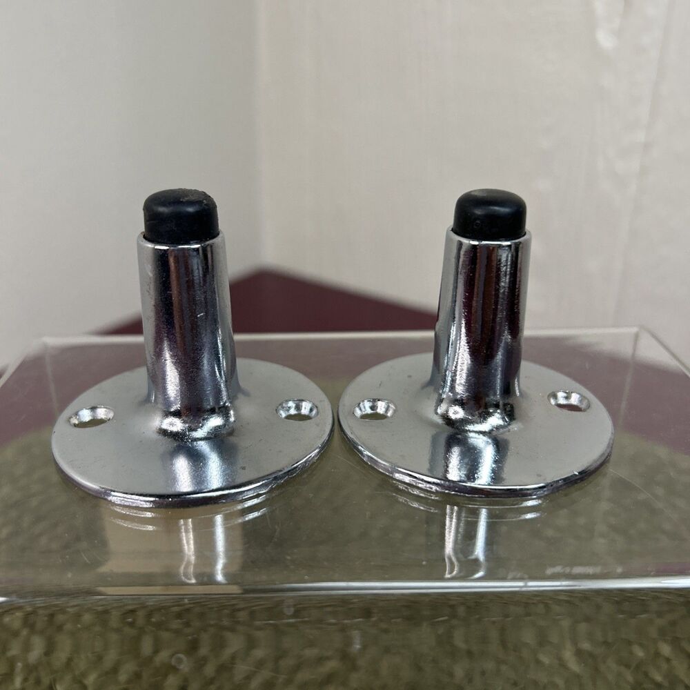 Set Of 2 Door Stops Rubber Tip Polished  Chrome NOS